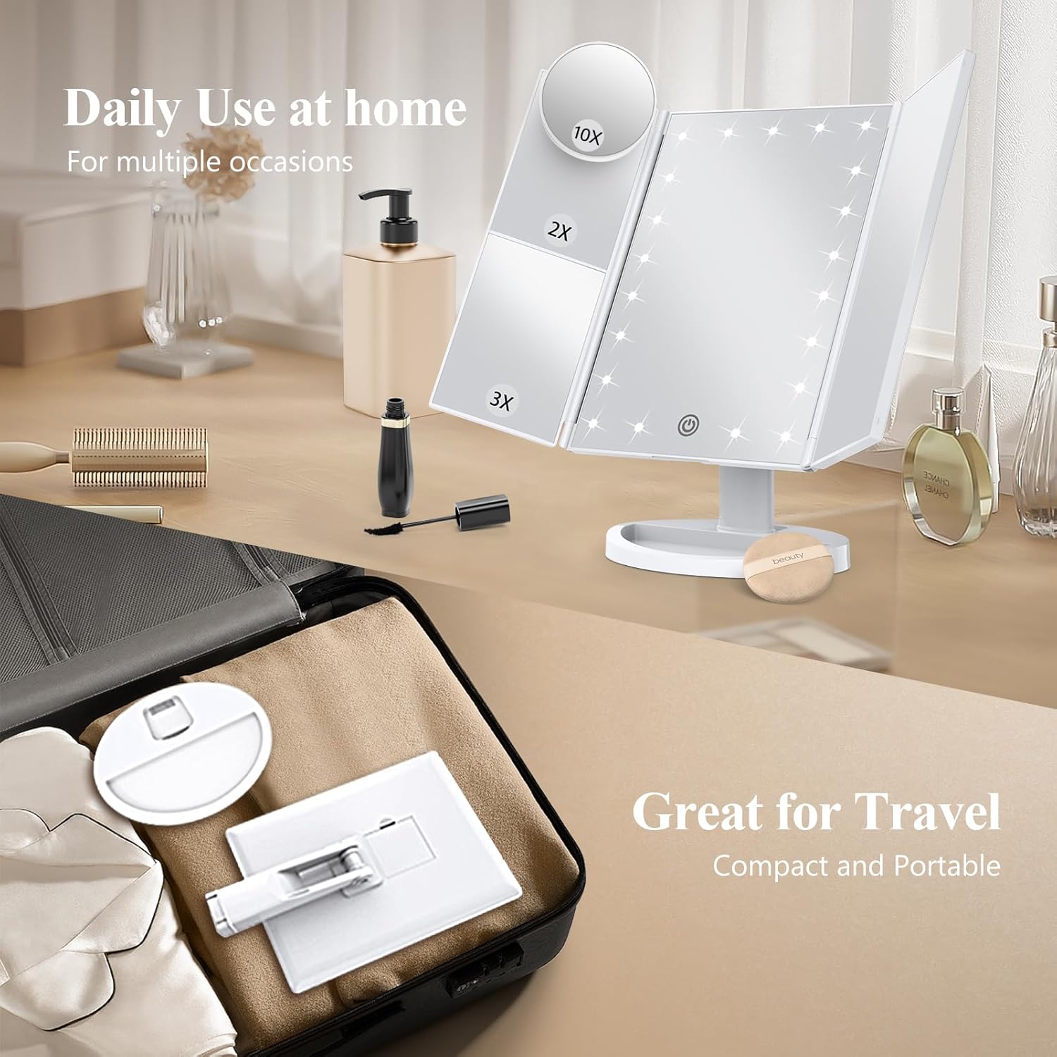 HUONUL LED Makeup Mirror with Lights & 2X/3X/10X Magnification – Trifold Vanity Mirror, Touch Control