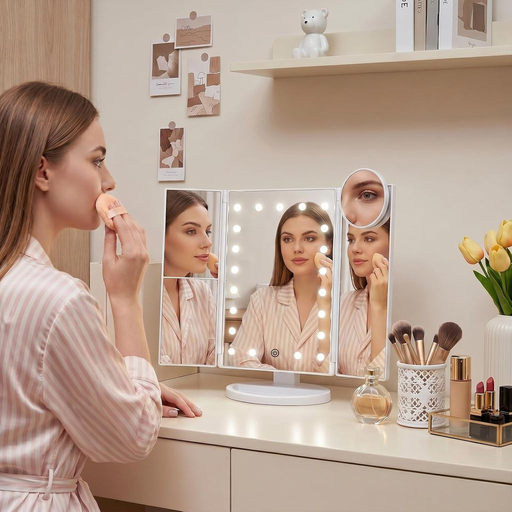 HUONUL LED Makeup Mirror with Lights & 2X/3X/10X Magnification – Trifold Vanity Mirror, Touch Control