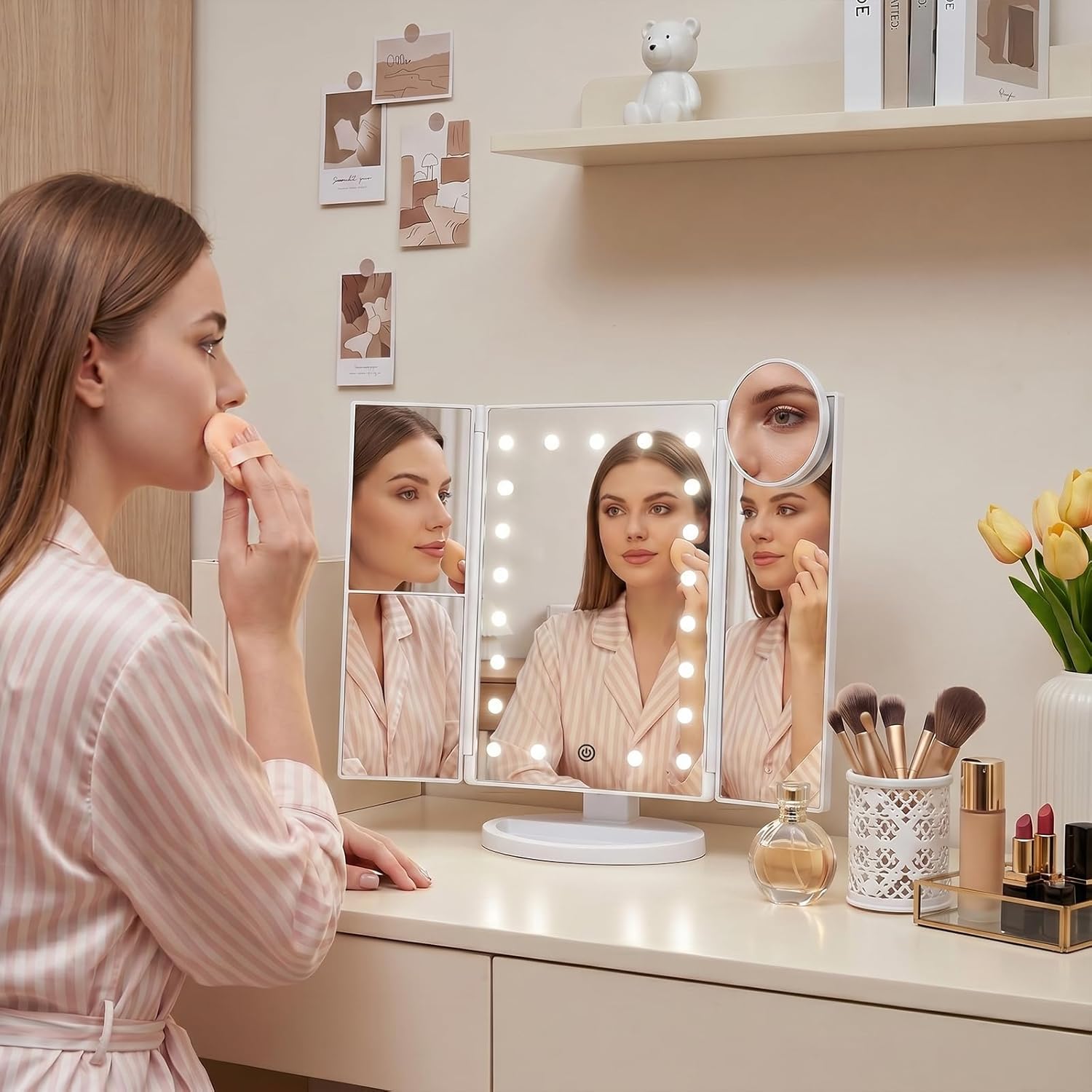 HUONUL LED Makeup Mirror with Lights & 2X/3X/10X Magnification – Trifold Vanity Mirror, Touch Control