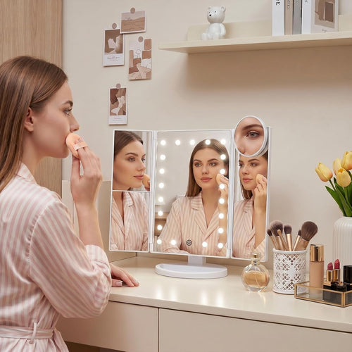 HUONUL LED Makeup Mirror with Lights & 2X/3X/10X Magnification – Trifold Vanity Mirror, Touch Control