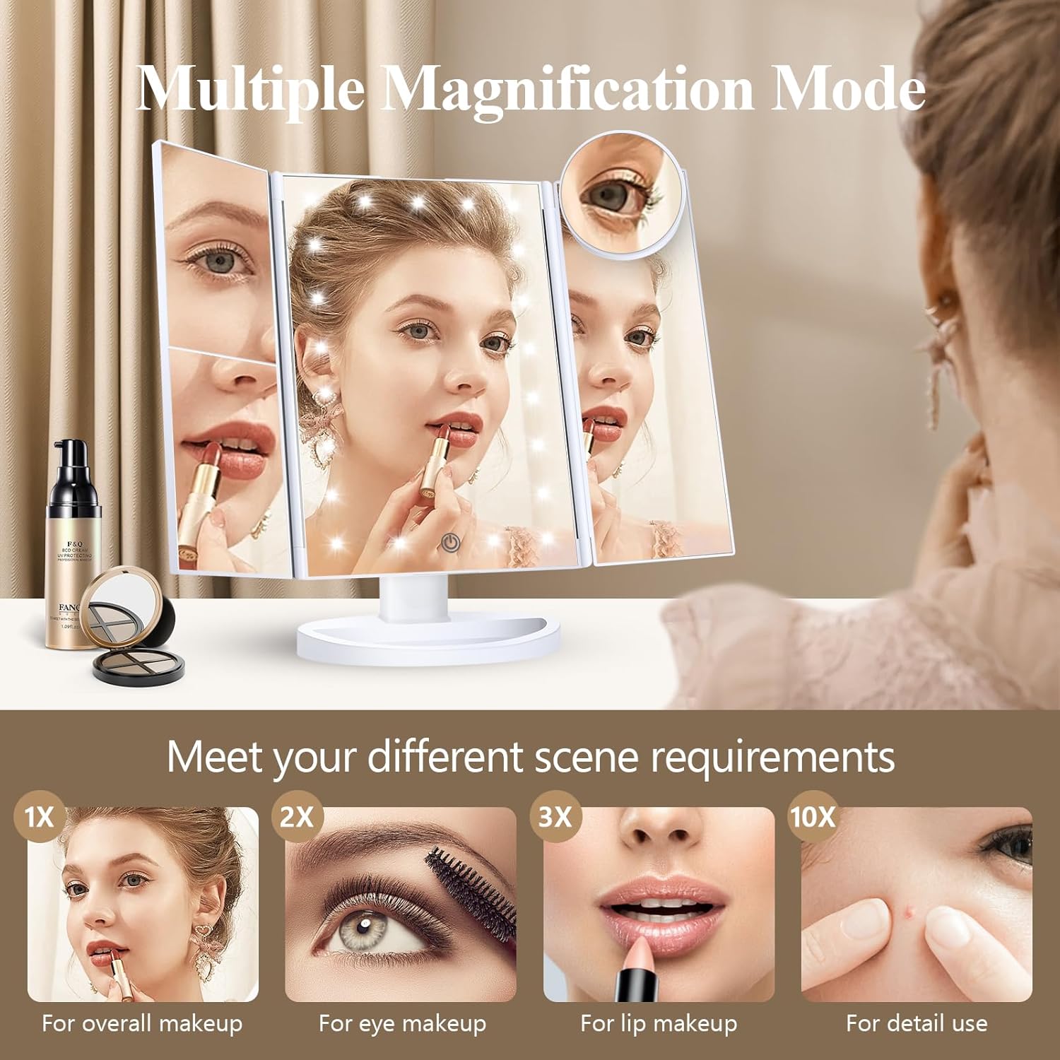 HUONUL LED Makeup Mirror with Lights & 2X/3X/10X Magnification – Trifold Vanity Mirror, Touch Control