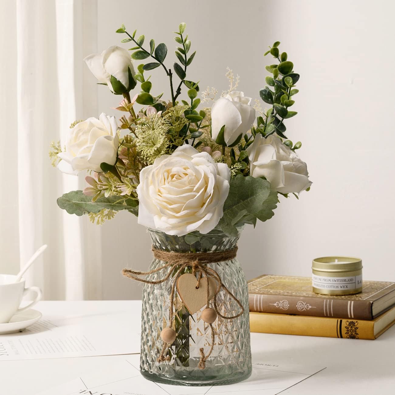 Artificial White Silk Rose Flowers with Vase – Elegant Home Decor