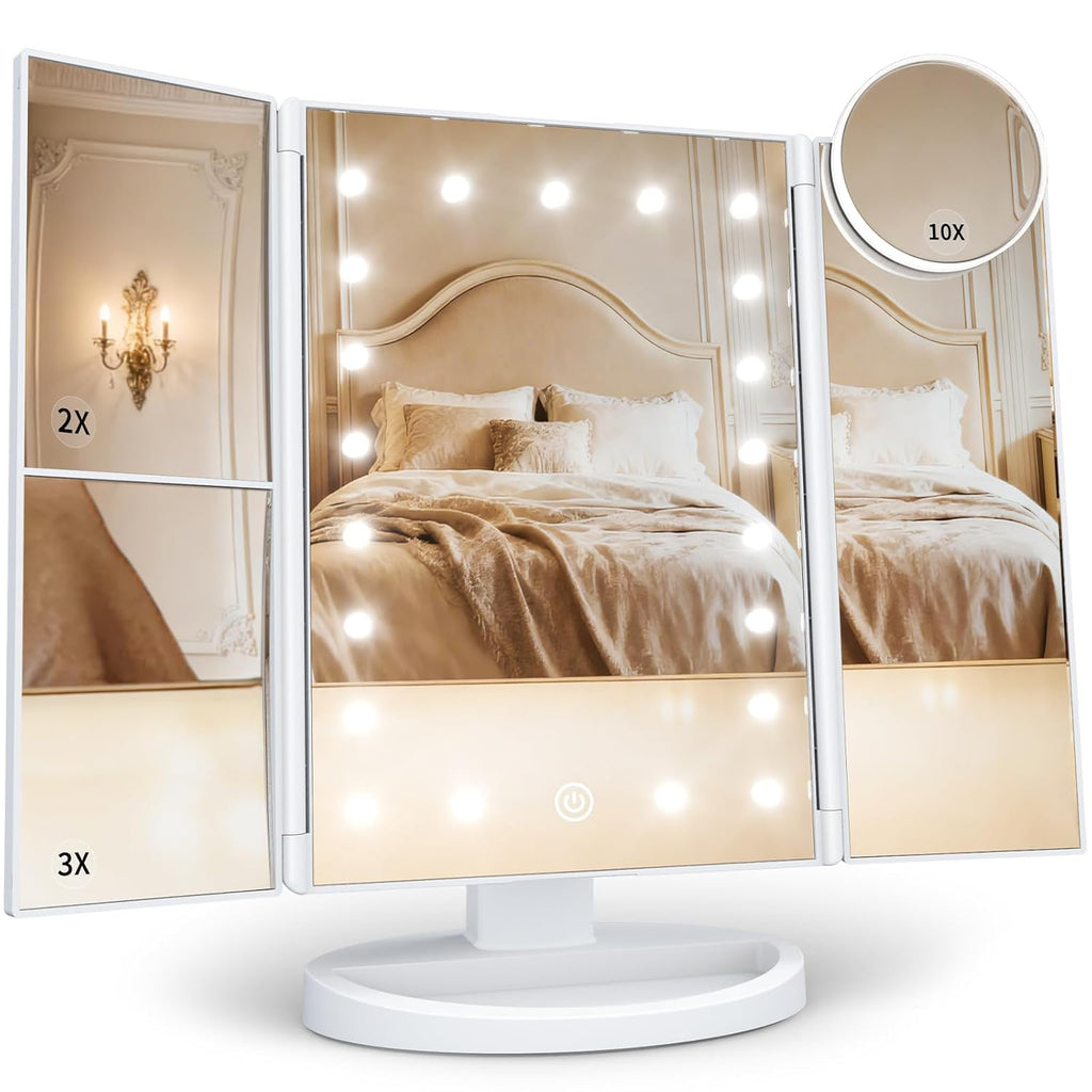 HUONUL LED Makeup Mirror with Lights & 2X/3X/10X Magnification – Trifold Vanity Mirror, Touch Control