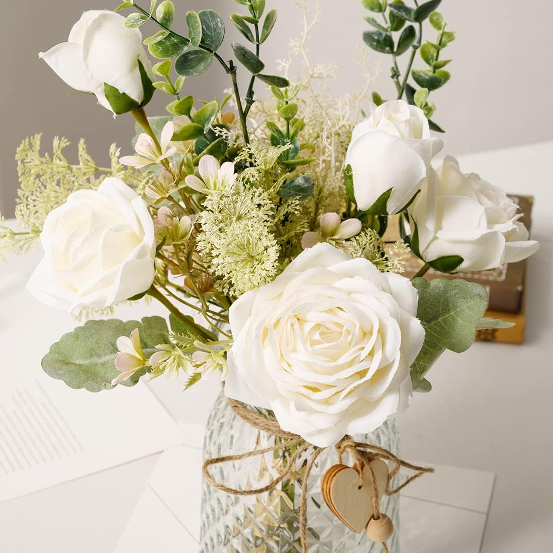 Artificial White Silk Rose Flowers with Vase – Elegant Home Decor