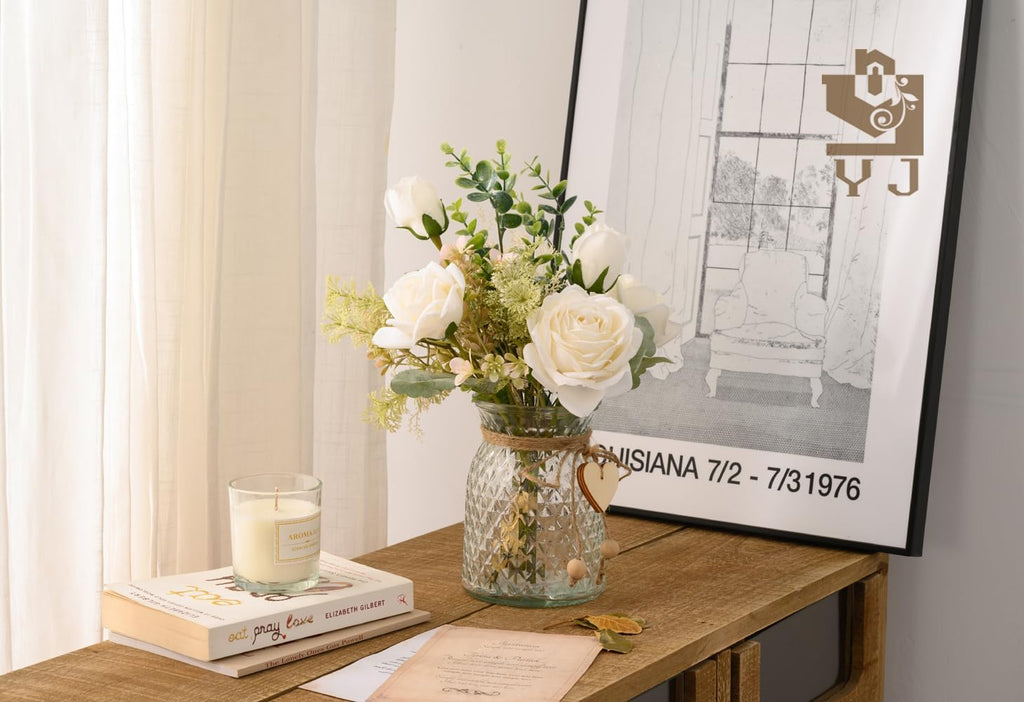 Artificial White Silk Rose Flowers with Vase – Elegant Home Decor